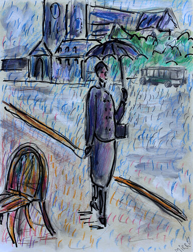 Dame sous la pluie by Jean Mirre, Painting for Sale on Singulart