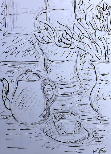 Cafetière et tulipes van Jean Mirre, Schilderij te koop op Singulart