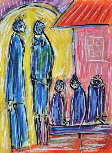 Couple and kids by Jean Mirre, 油畫 for Sale on Singulart