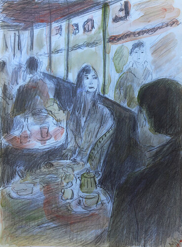 Jeune femme au café par Jean Mirre, Peinture en vente sur Singulart