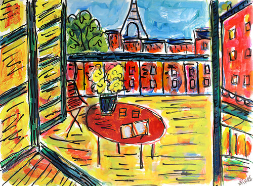 Balcon et Tour Eiffel par Jean Mirre, Peinture en vente sur Singulart
