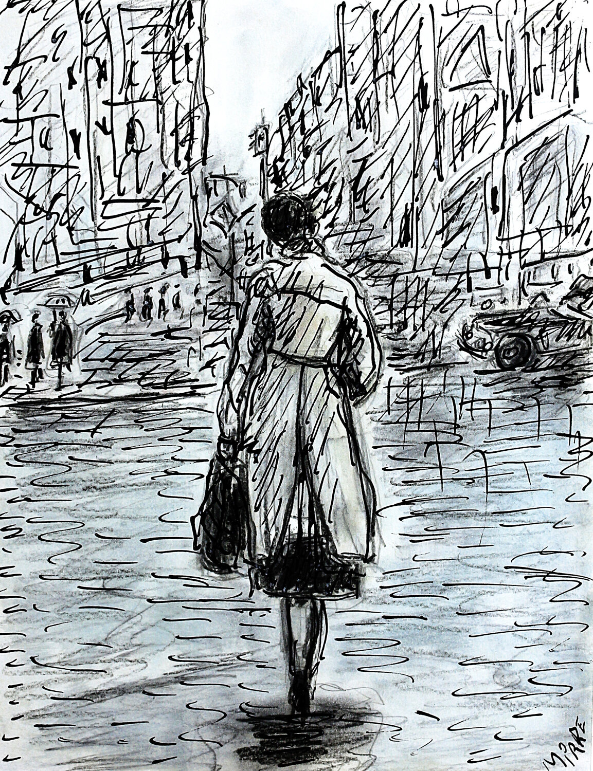 Lady in rain Jean Mirre Dipinto originale in vendita
