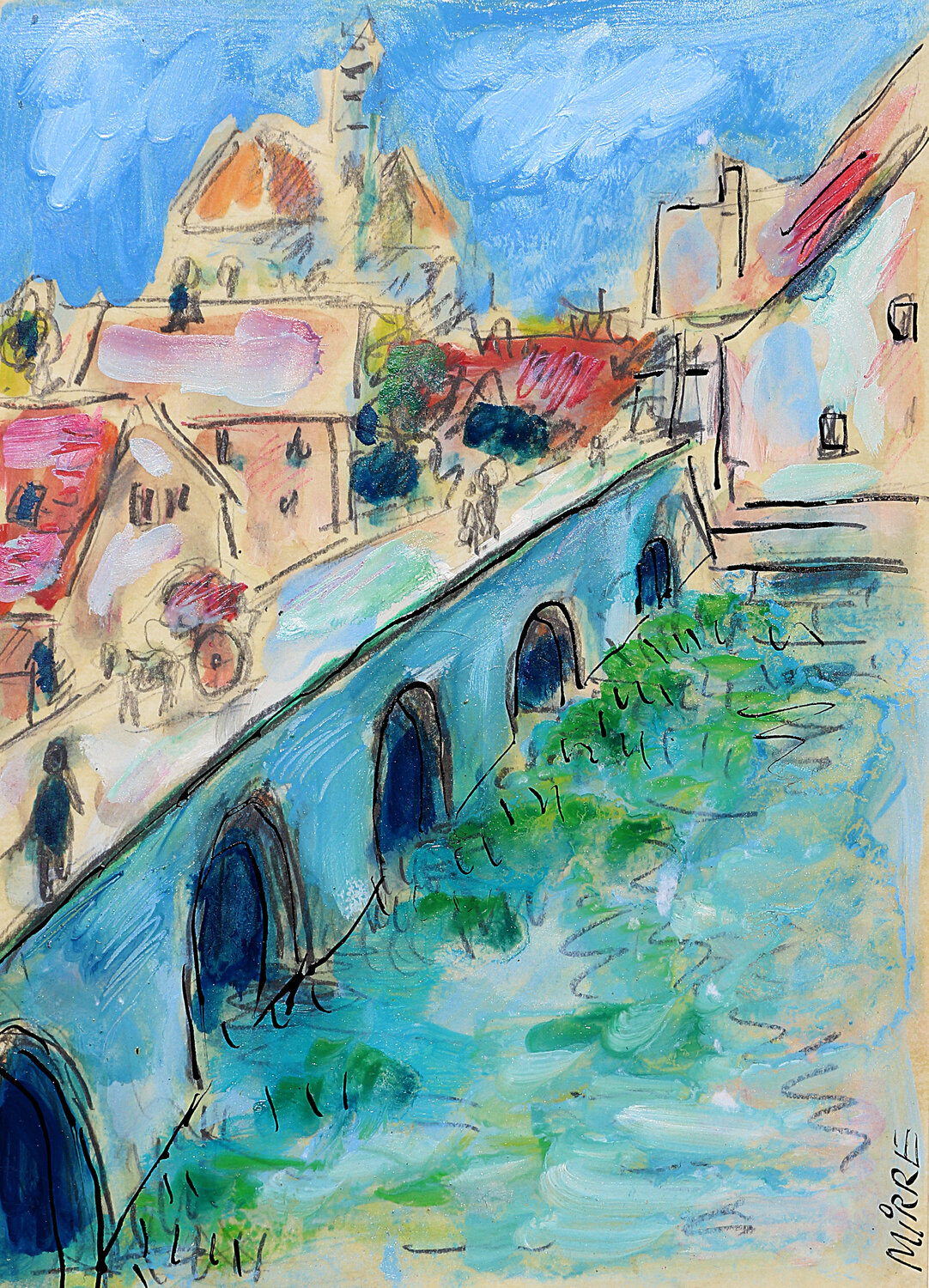 Le pont de Moret d'après Sisley Jean Mirre Originalgemälde zu verkaufen