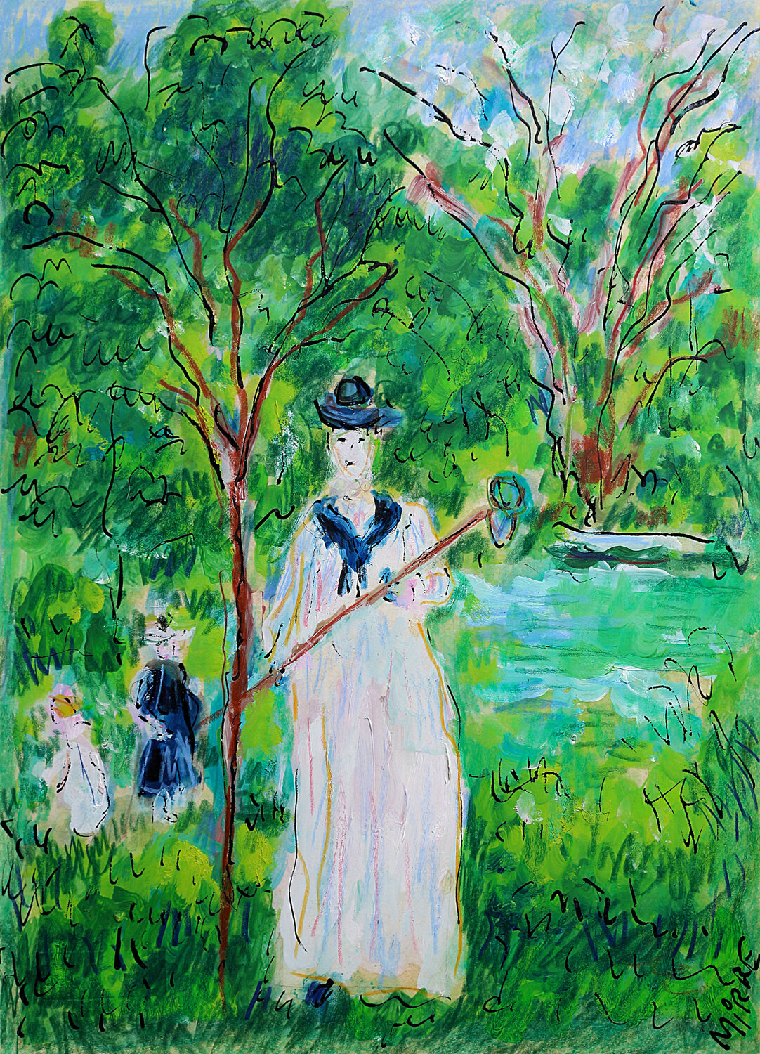 La chasse aux papillons d'après Berthe Morisot Jean Mirre Peinture originale à vendre