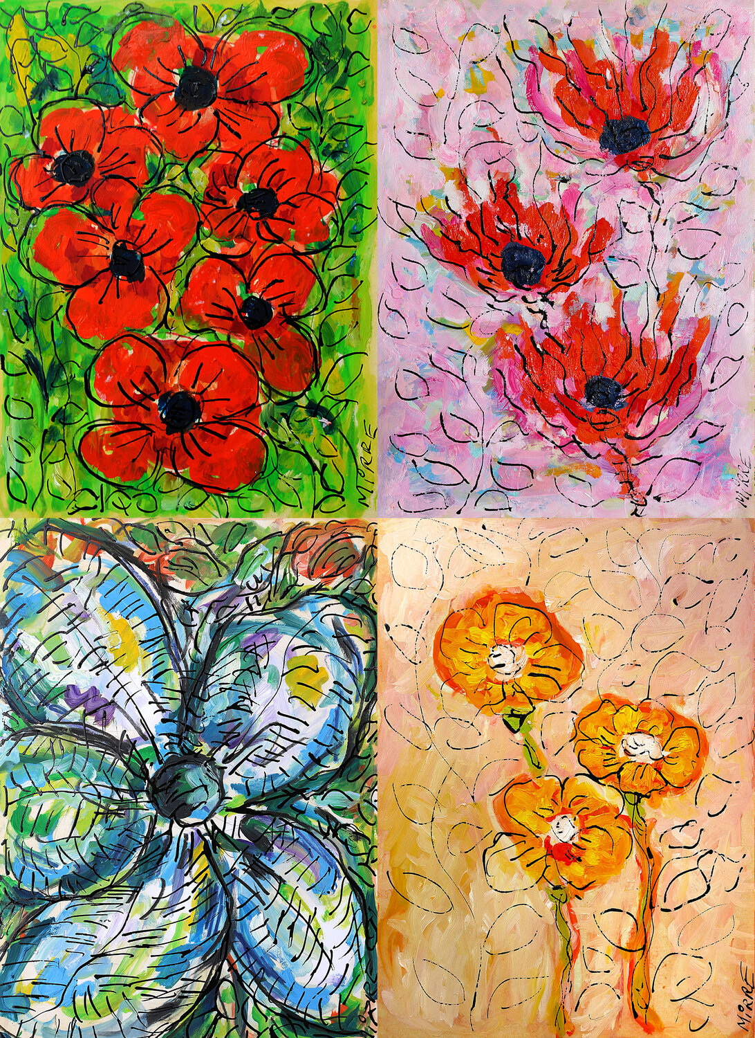 Amapolas + Breath boost + Syracuse + Solidaires oil on paper Jean Mirre Originalgemälde zu verkaufen