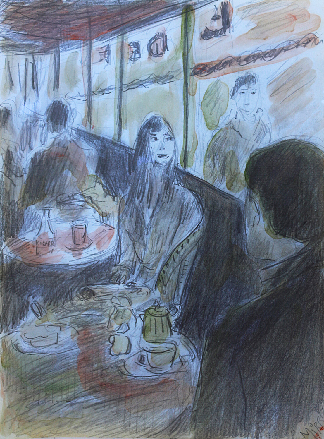 Jeune femme au café Jean Mirre Originalgemälde zu verkaufen