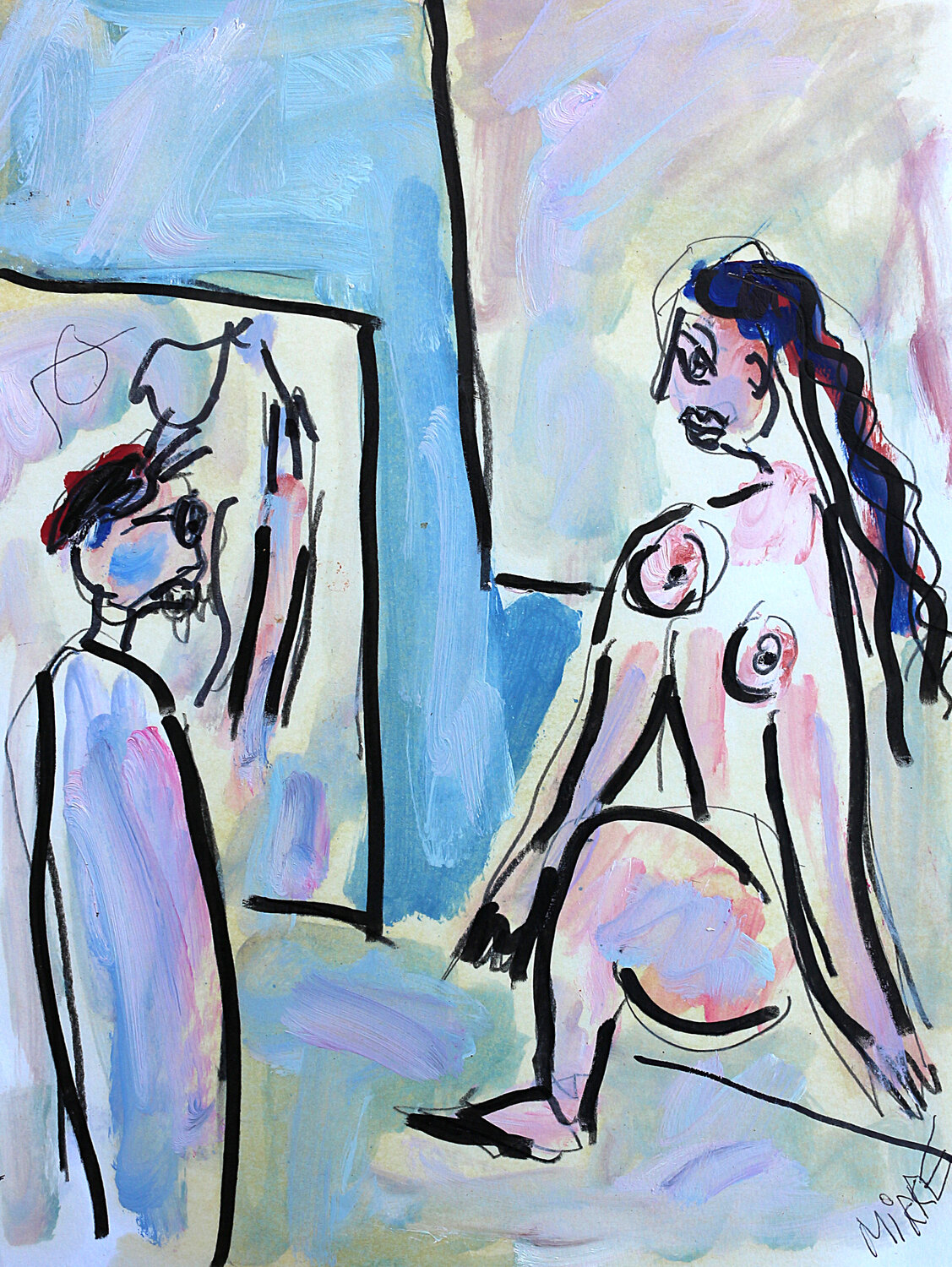 Peintre et modèle nue Jean Mirre Pintura original en venta