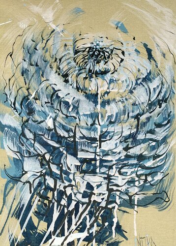 Blue Flower 3 - The raw linen series van Netka Croonenborghs, Schilderij te koop op Singulart