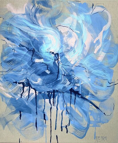 Blue Flower 4 - The raw linen series by Netka Croonenborghs, Painting for Sale on Singulart