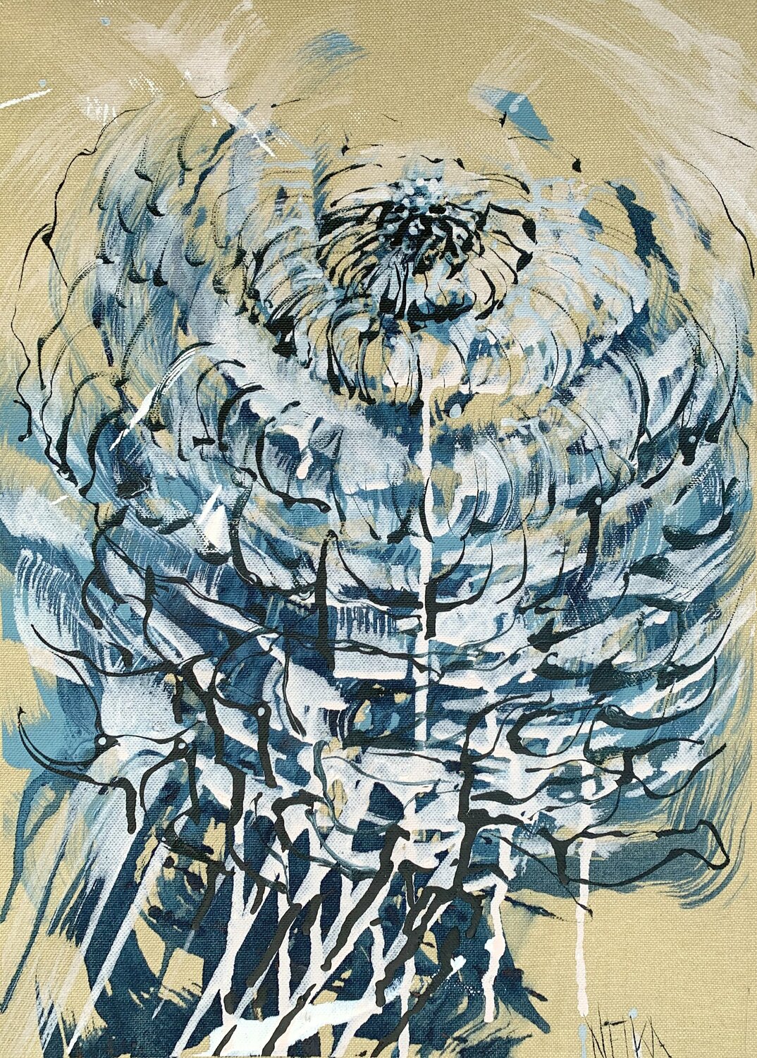 Blue Flower 3 - The raw linen series Netka Croonenborghs Originalgemälde zu verkaufen