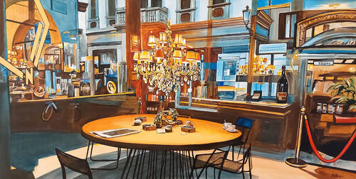 Riflessi urbani sulla vetrina del bar Caffeine von Marco Ronga, Malerei kaufen auf Singulart
