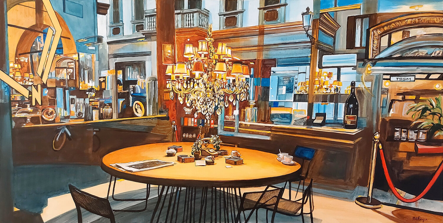 Riflessi urbani sulla vetrina del bar Caffeine Marco Ronga Dipinto originale in vendita