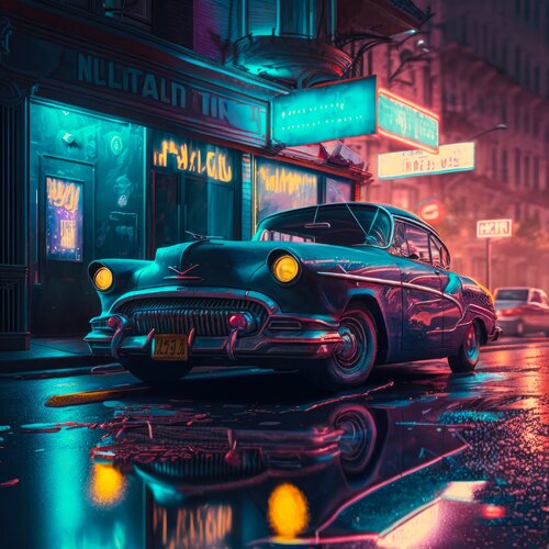 Vintage car in dark street of New York city di Cheeky Bunny, Pittura in vendita su Singulart