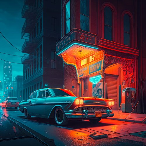 Vintage car in dark street of New York city van Cheeky Bunny, Schilderij te koop op Singulart