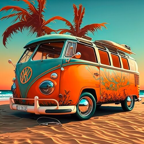 Volkswagen beetle van on tropical beach par Cheeky Bunny, Peinture en vente sur Singulart
