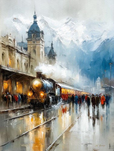 Winter train station by Cheeky Bunny, 회화 for Sale on Singulart