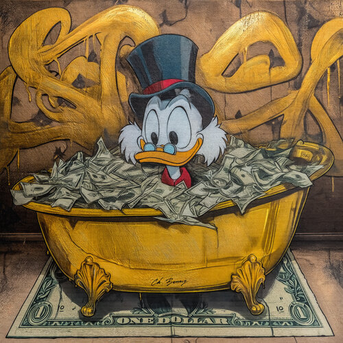 Scrooge McDuck in golden bathtub par Cheeky Bunny, Peinture en vente sur Singulart
