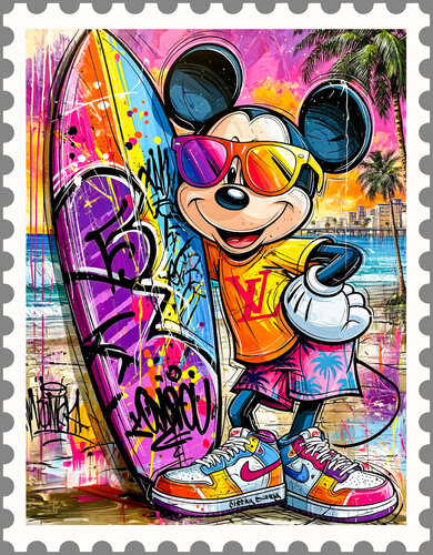 Postage stamp Mickey on Surf by Cheeky Bunny, 絵画 for Sale on Singulart
