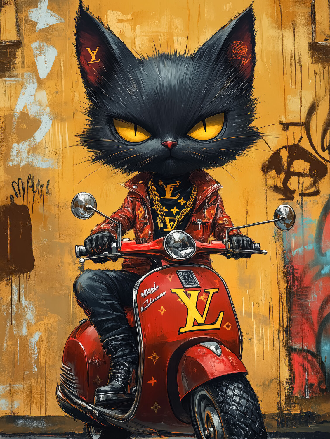 Lou Black Cat on motorbike Cheeky Bunny Originalgemälde zu verkaufen