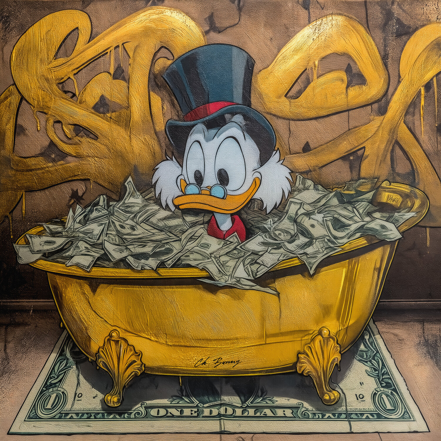 Scrooge McDuck in golden bathtub Cheeky Bunny Originalgemälde zu verkaufen
