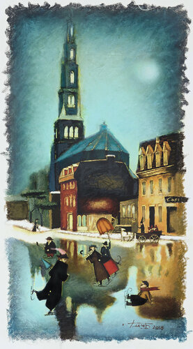 SKATING IN OLD MONTREAL van Steven Lamb, Schilderij te koop op Singulart