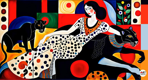 Femme avec des panthères noires par Natalia Kuruch, Peinture en vente sur Singulart