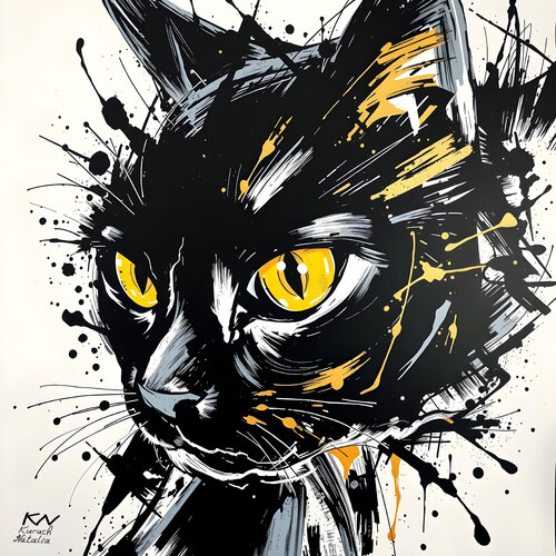 Yellow eyes of  black cat di Natalia Kuruch, Pittura in vendita su Singulart