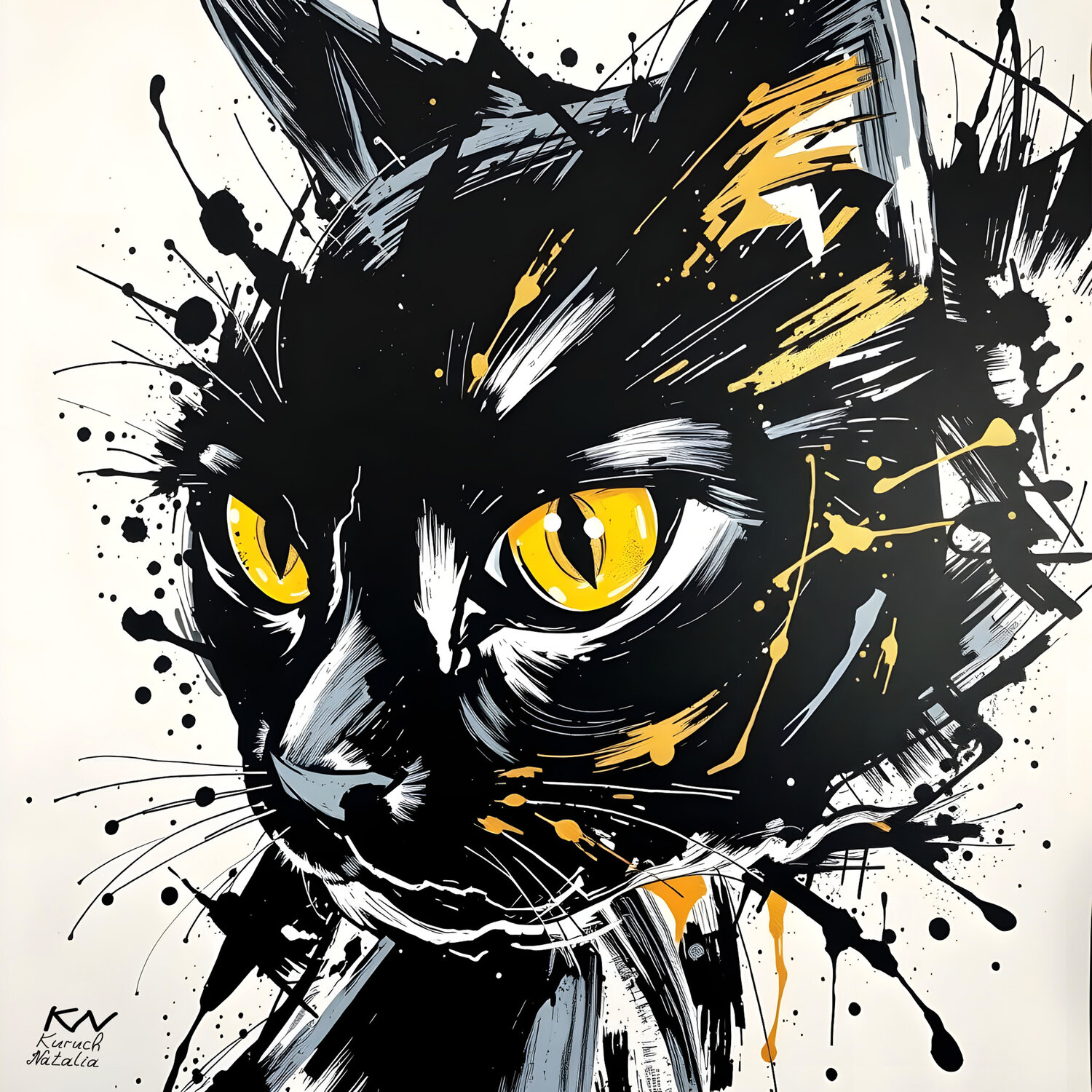 Yellow eyes of  black cat Natalia Kuruch Dipinto originale in vendita