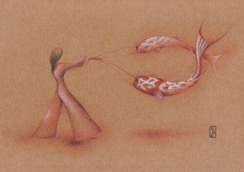 Un envol de carpes koï by Hubert Ollivier, Drawing for Sale on Singulart