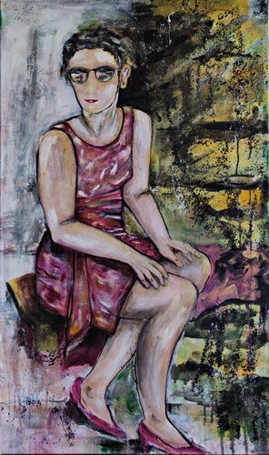 Frau auf der Treppe - woman on stair by Birgit Günther, Painting for Sale on Singulart