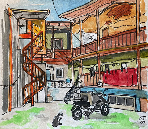 Cour intérieure à Tbilissi, Géorgie par Frob, Peinture en vente sur Singulart