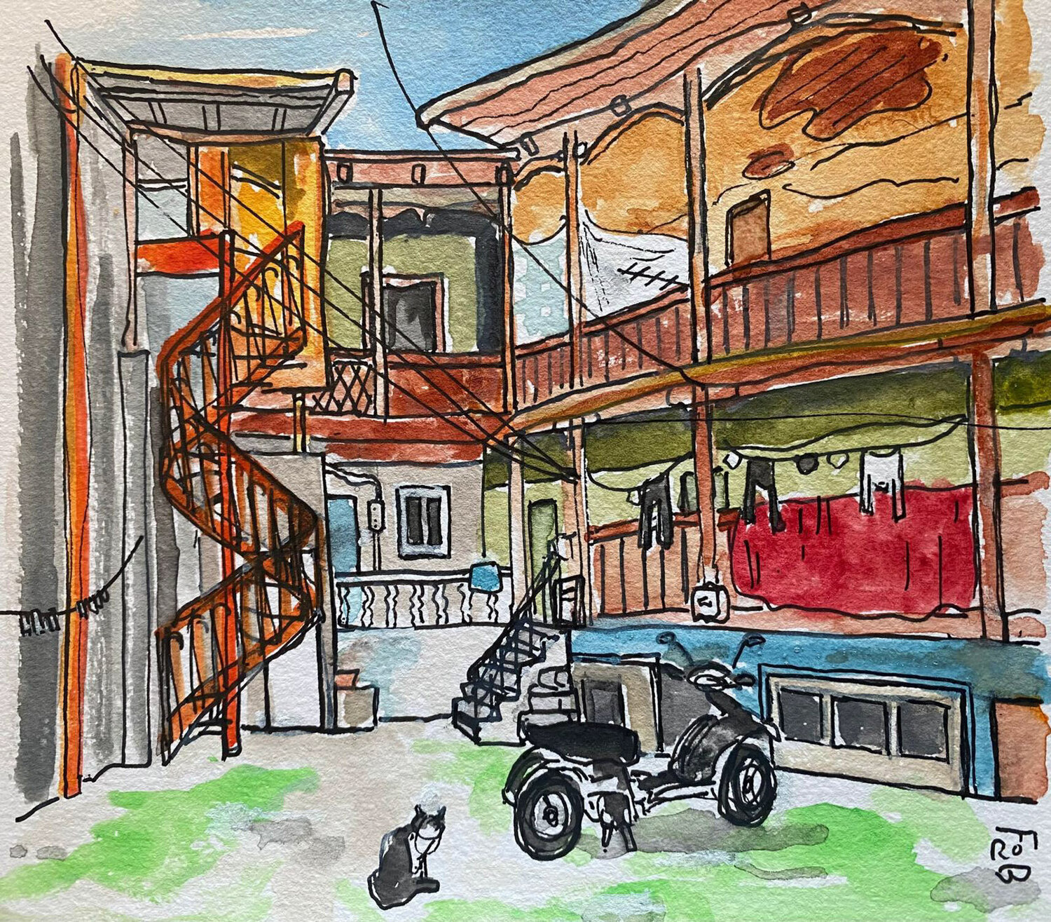 Cour intérieure à Tbilissi, Géorgie Frob Peinture originale à vendre