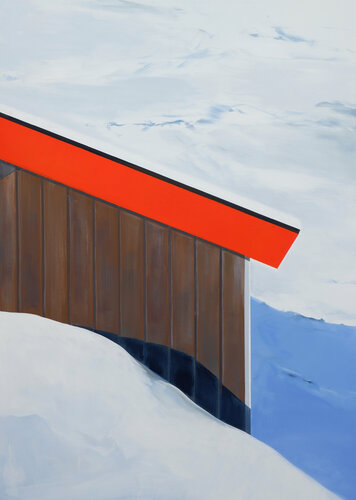 Cabin in Snow with Red Roof de Matthieu Van Riel, Pintura a la venta en Singulart