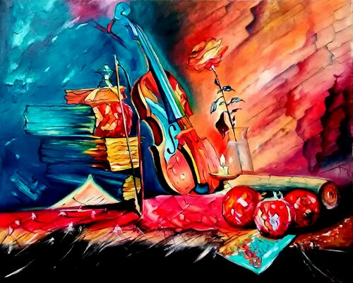 Violin and rose in a glass von Serhiy Berezin, Malerei kaufen auf Singulart