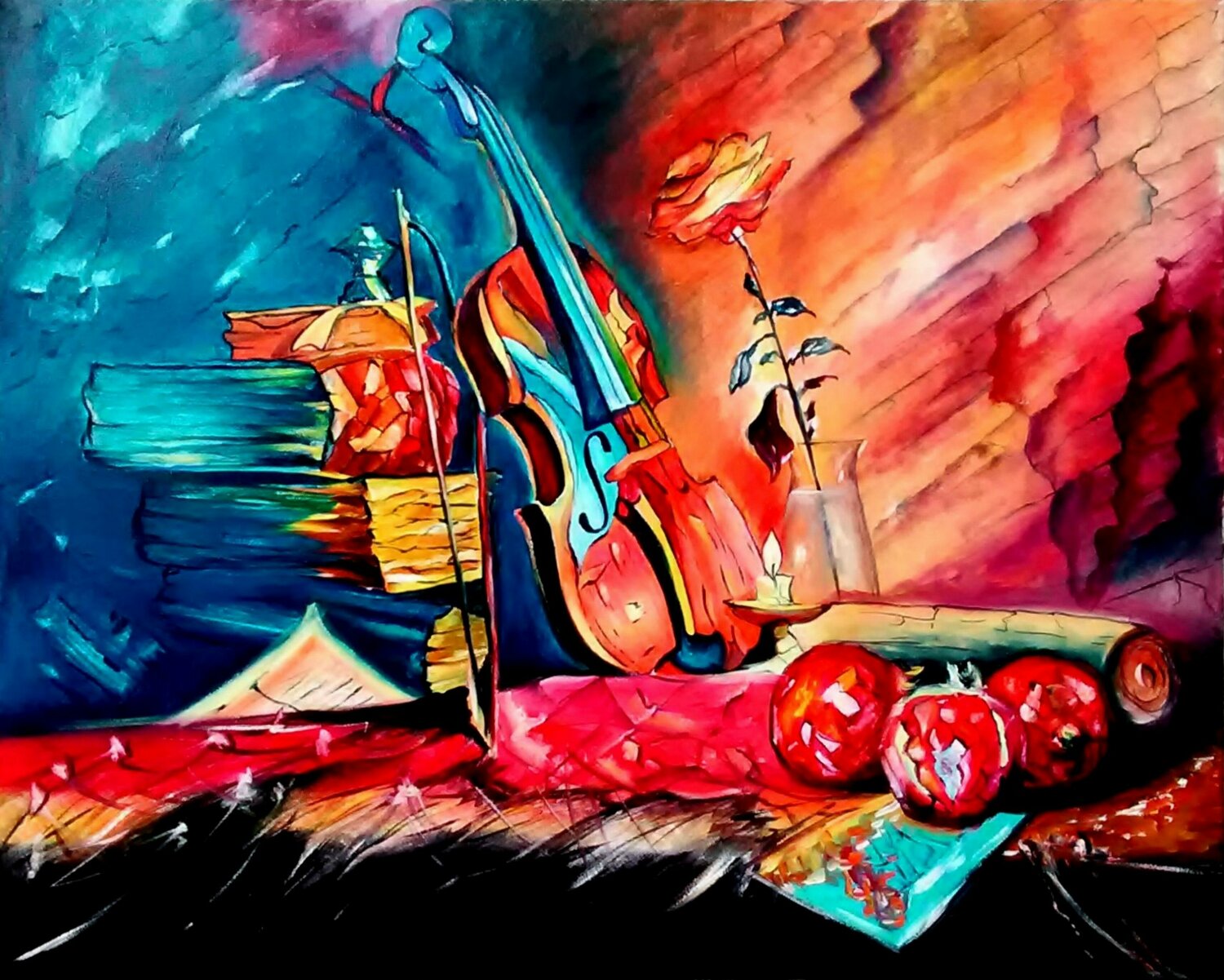 Violin and rose in a glass Serhiy Berezin Originalgemälde zu verkaufen