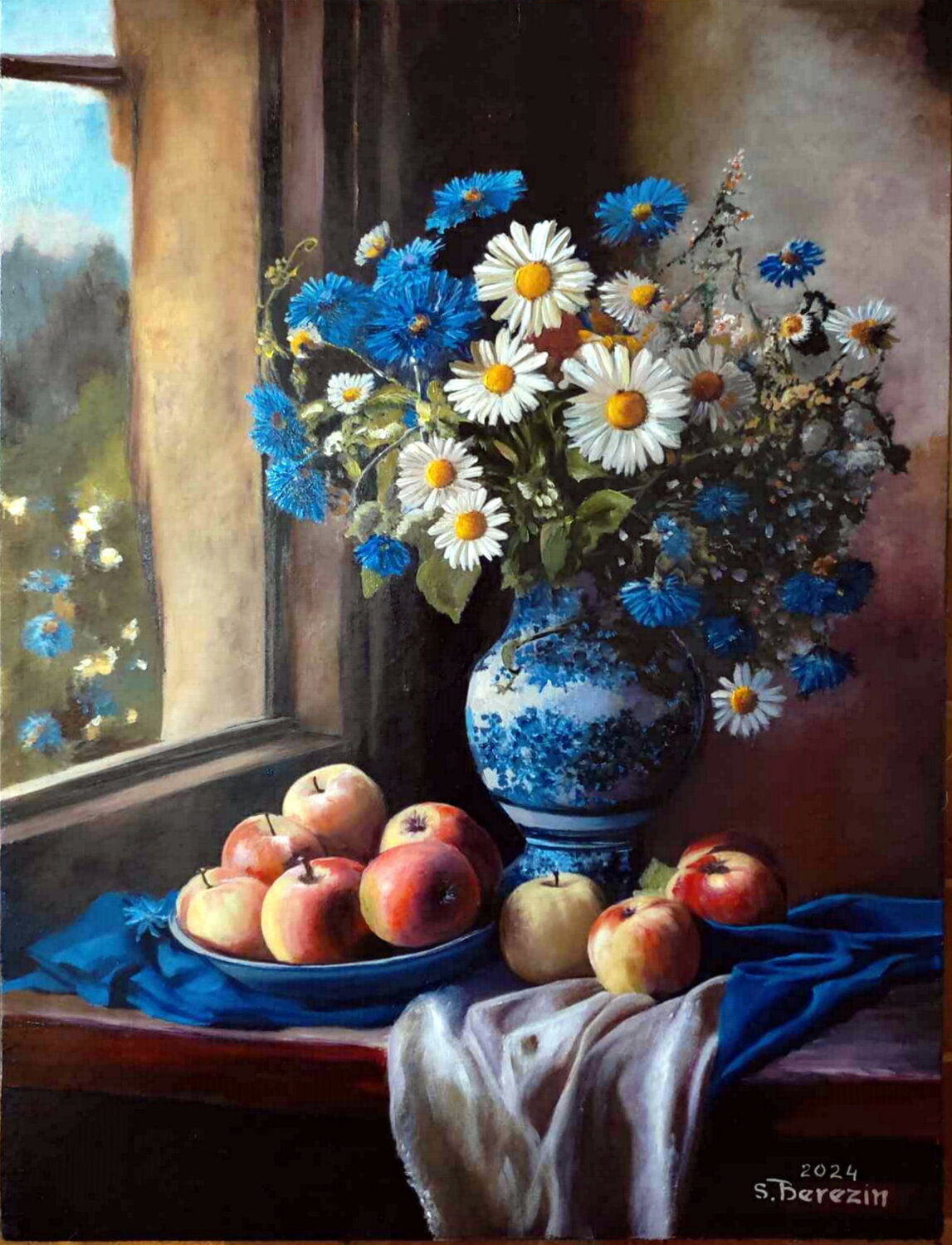 Still life with cornflowers and daisies Serhiy Berezin Dipinto originale in vendita