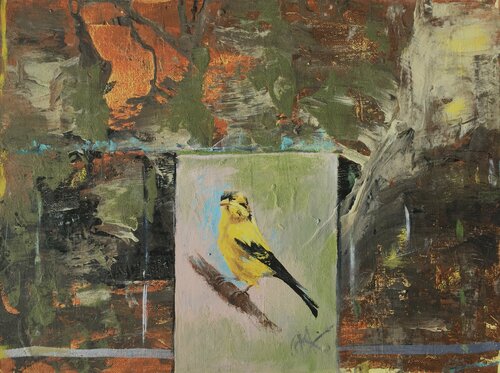 Yellow finch bird on canvas van Mariam Qureshi, Schilderij te koop op Singulart