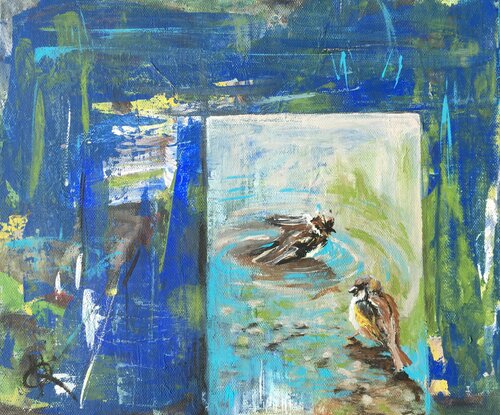 Sparrows bathing in a puddle di Mariam Qureshi, Pittura in vendita su Singulart