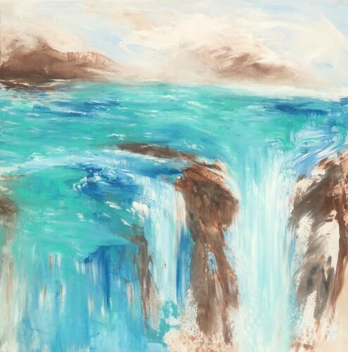 Chasing teal waterfalls di Mariam Qureshi, Pittura in vendita su Singulart