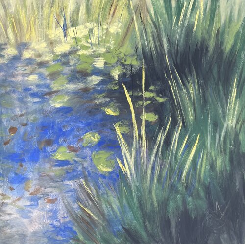 Dancing leaves in a pond by Mariam Qureshi, Painting for Sale on Singulart
