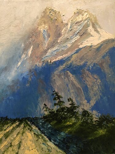 Lost in its haze of the three sisters by Mariam Qureshi, Painting for Sale on Singulart