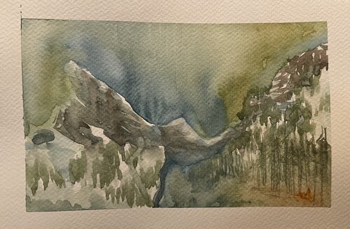 Mountain by grassy lake,AB by Mariam Qureshi, Painting for Sale on Singulart
