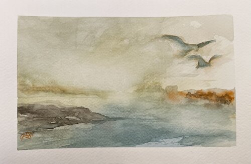 Birds in the foggy sky van Mariam Qureshi, Schilderij te koop op Singulart