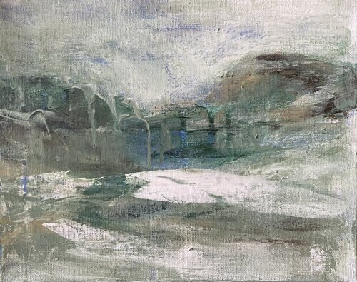 Glacial Flow: Teal Streams and Ice-Capped Peaks di Mariam Qureshi, Pittura in vendita su Singulart