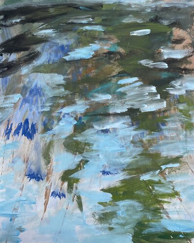 Floating Petals – Original Acrylic Abstract Pond Painting von Mariam Qureshi, Malerei kaufen auf Singulart