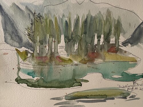 Cascade ponds, Alberta Plein air study di Mariam Qureshi, Pittura in vendita su Singulart