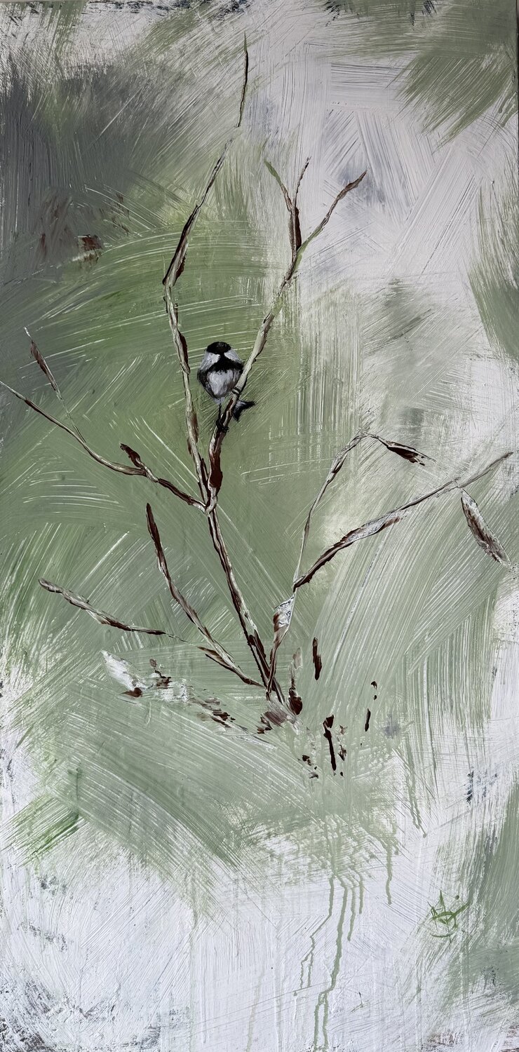 Little Chikadee, the witness,  suspended in sage Mariam Qureshi Originalgemälde zu verkaufen