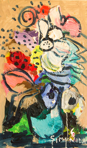 Turquoise Vase with Flowers on a Beige Background di Simonida Djordjevic, Pittura in vendita su Singulart