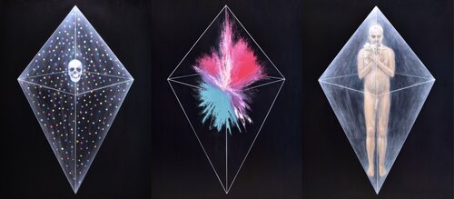 Damien Hirst and a Skull Triptych No.4 de Daisuke Ujuan, Pintura a la venta en Singulart