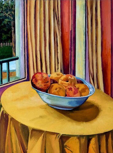 Melocotones sobre mesa amarilla von Marietta Negueruela, Malerei kaufen auf Singulart